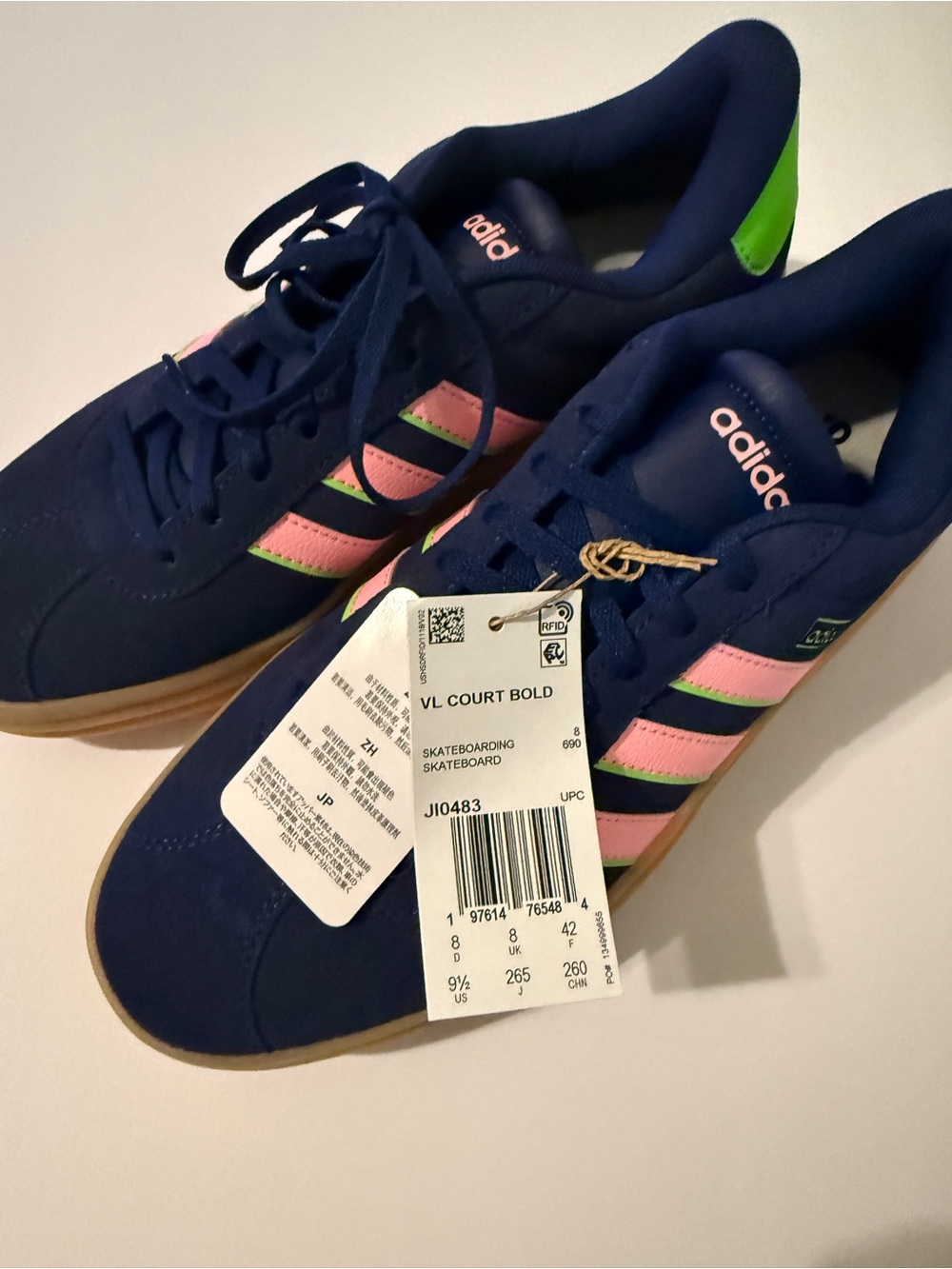 New in box, Adidas VL Court Bold Navy Pink Green Skate Shoes 9.5 NIB